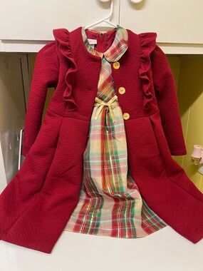Bonnie Jean Red Ruffle-Trim Pea Coat with Plaid Dress